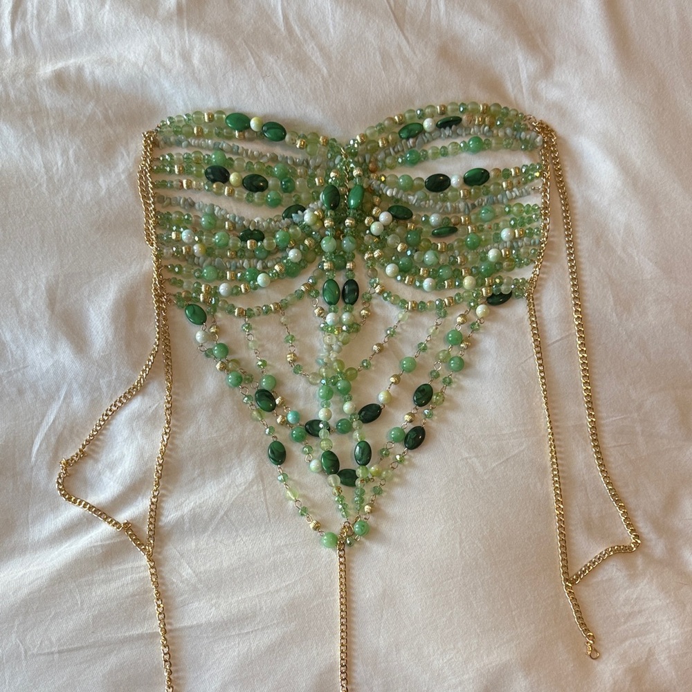 Green Beaded Top with Gold Accents